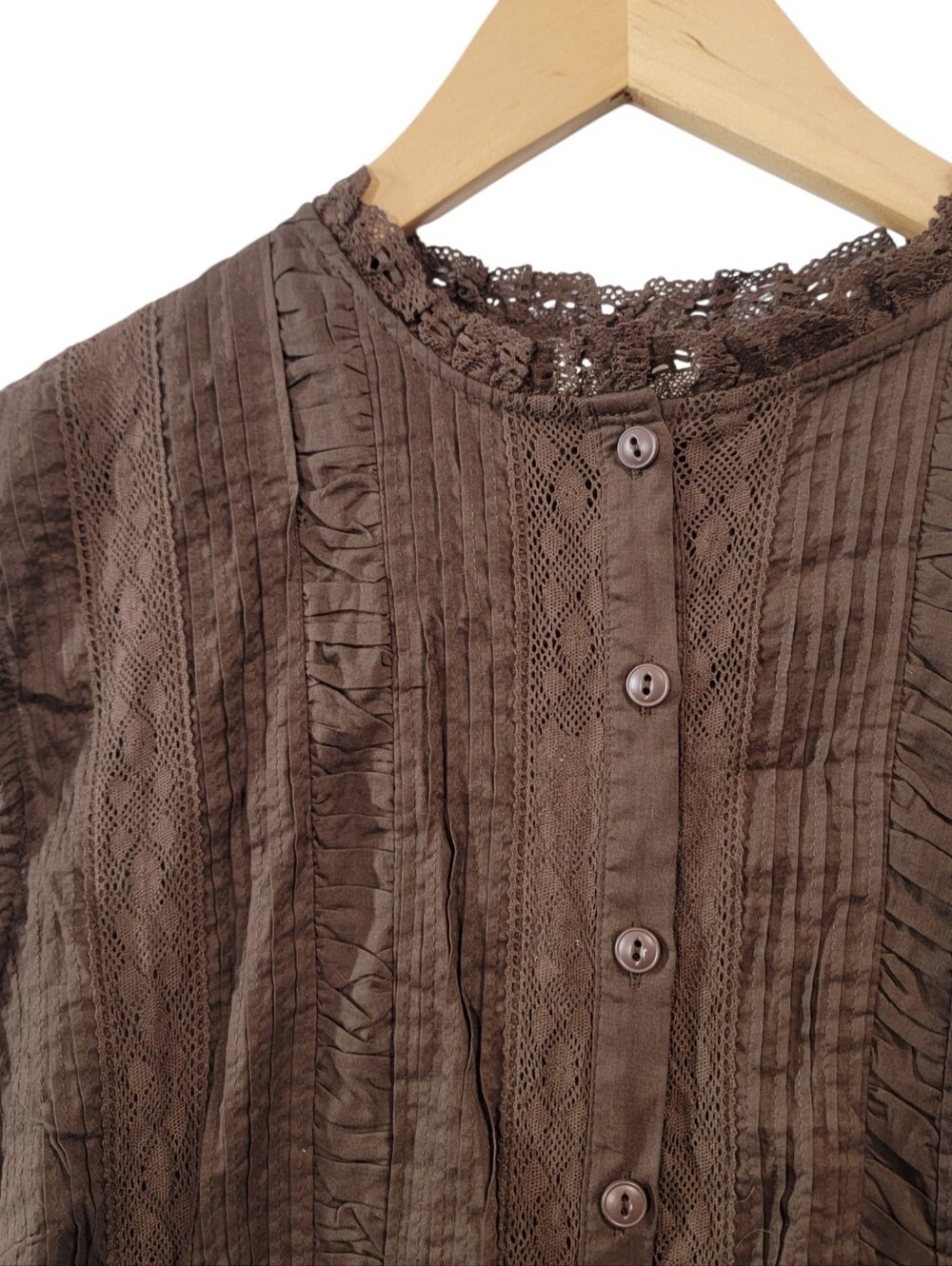 Few Moda Atelier Sorella Brown Maxi Dress, Button Front, Pintucking, Lace - Picture 5 of 10